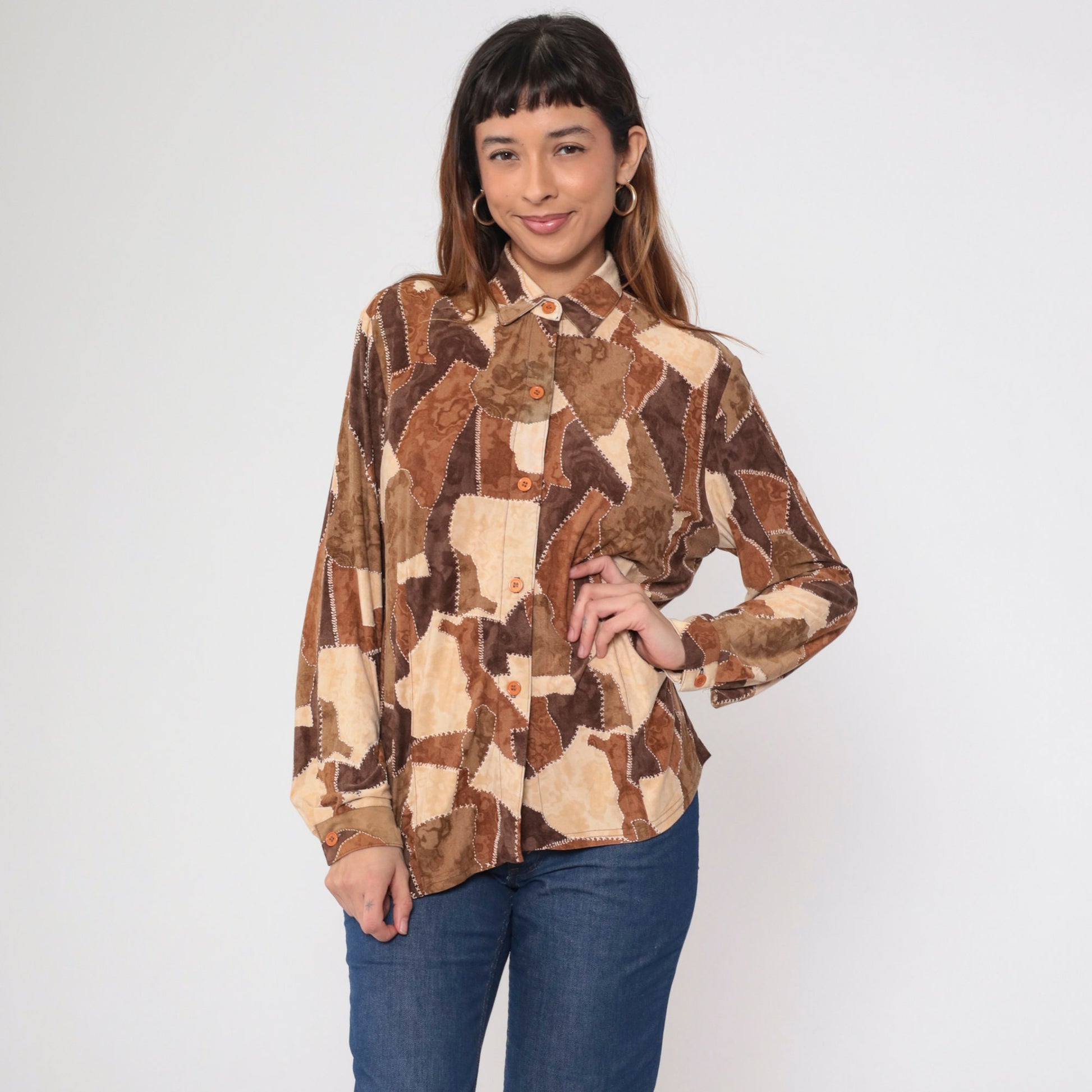 90s Brown Patchwork Button-Up Blouse Long Sleeve Collared Shirt Small S