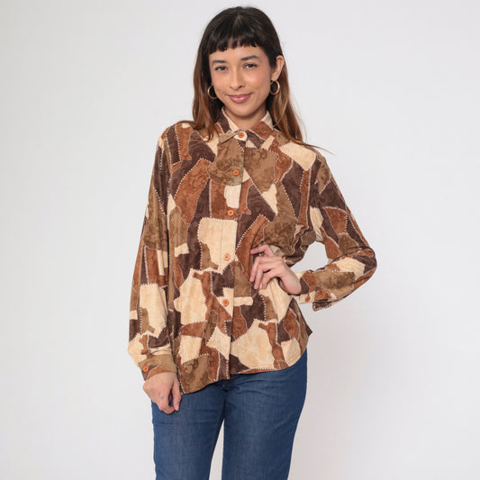 90s Brown Patchwork Button-Up Blouse Long Sleeve Collared Shirt Small S