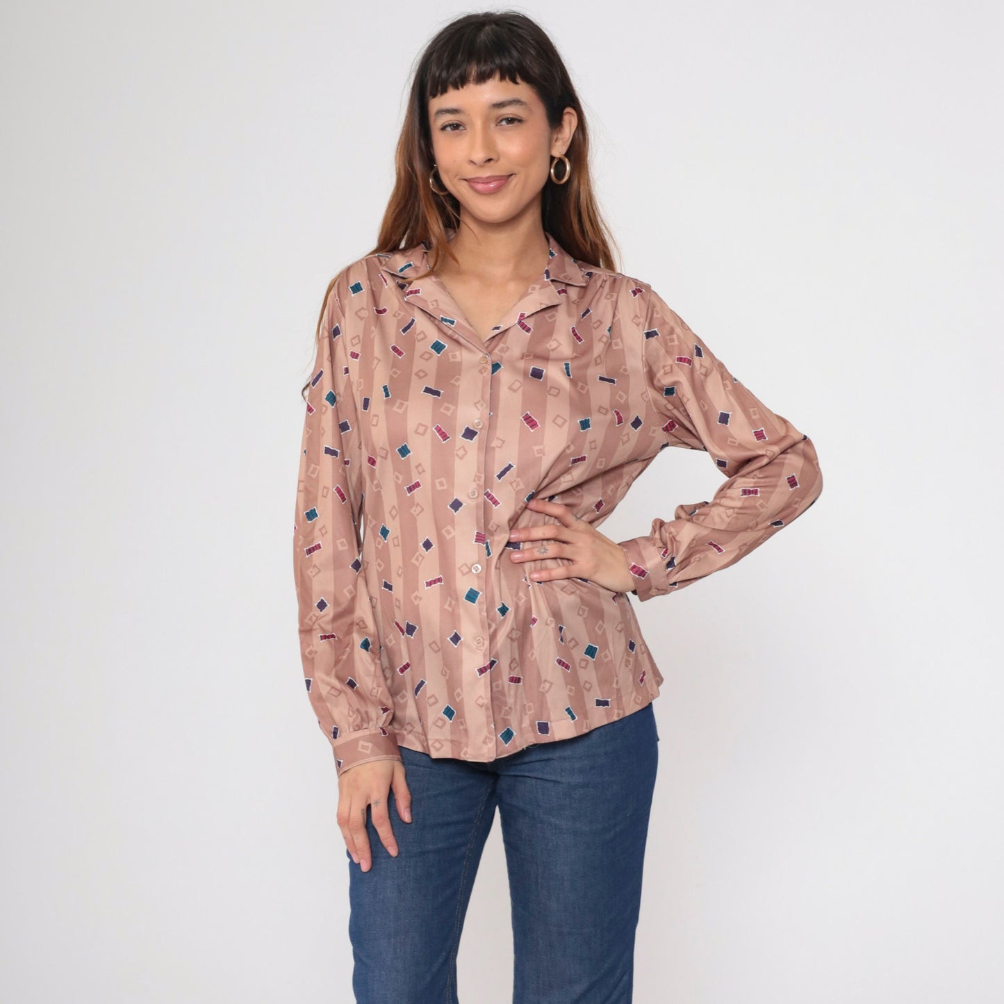 70s Confetti Geometric Striped Button-Up Blouse Dusty Rose Taupe Large L