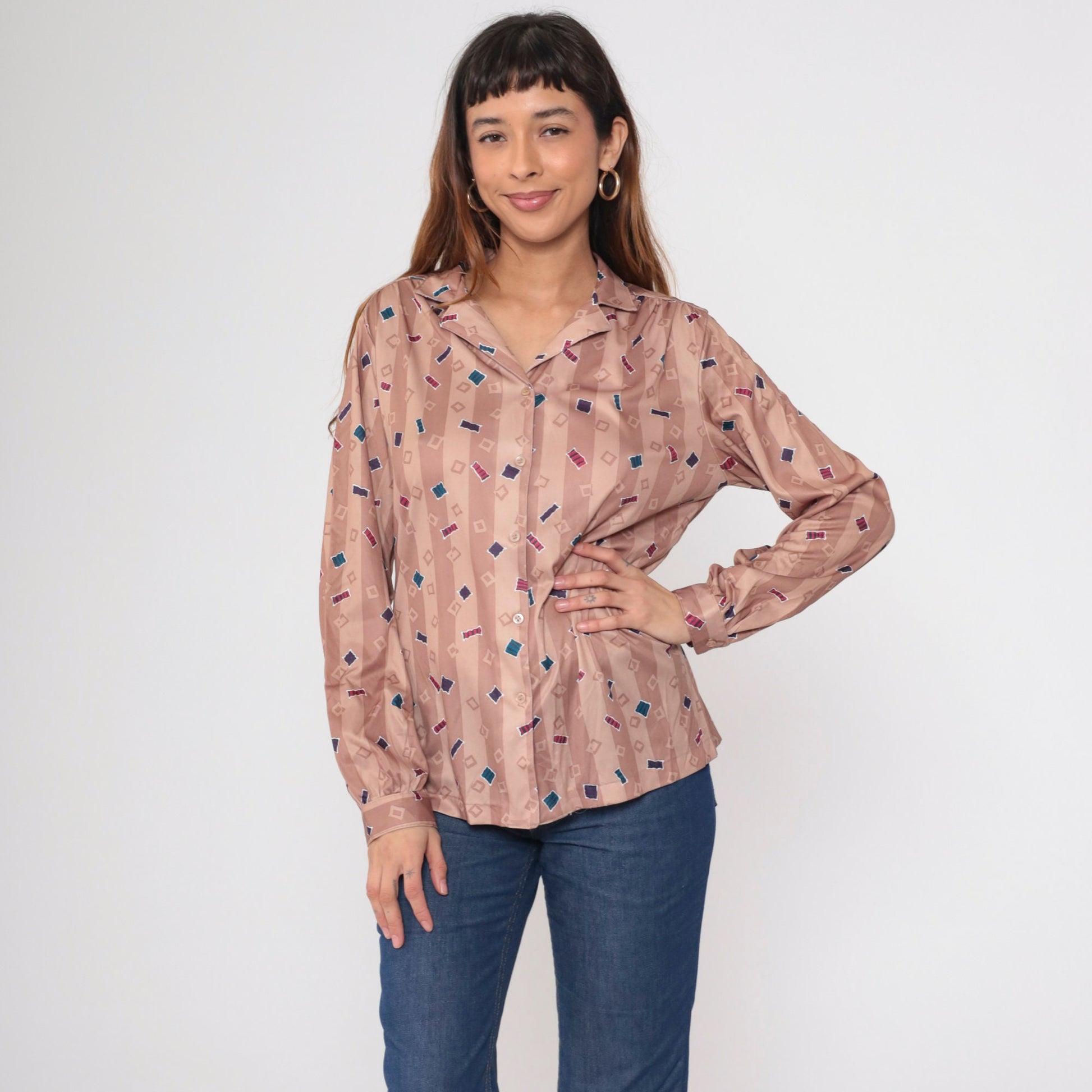 70s Confetti Geometric Striped Button-Up Blouse Dusty Rose Taupe Large L