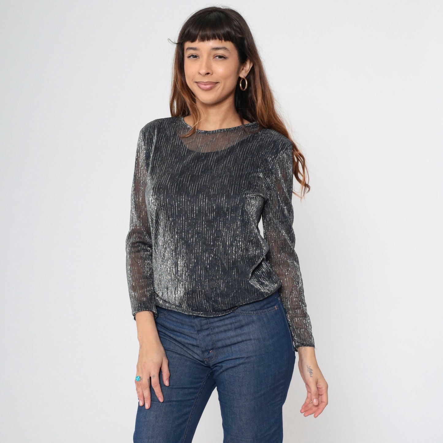 90s Lauren Lee Black Silver Striped Metallic Blouse Long Sleeve Medium