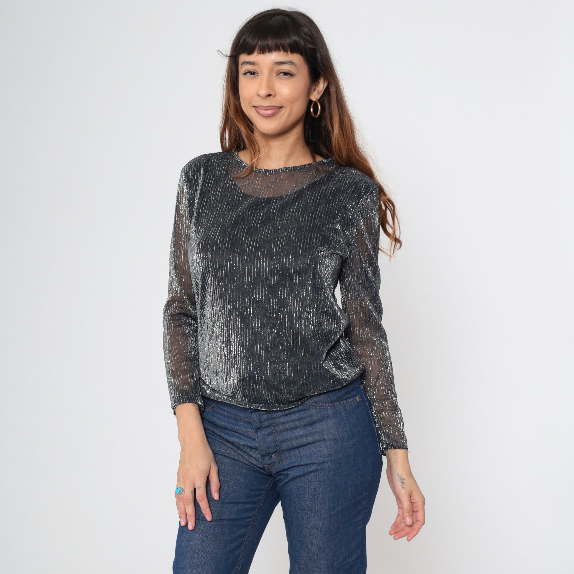 90s Lauren Lee Black Silver Striped Metallic Blouse Long Sleeve Medium