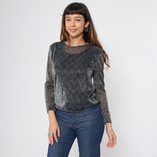 90s Lauren Lee Black Silver Striped Metallic Blouse Long Sleeve Medium