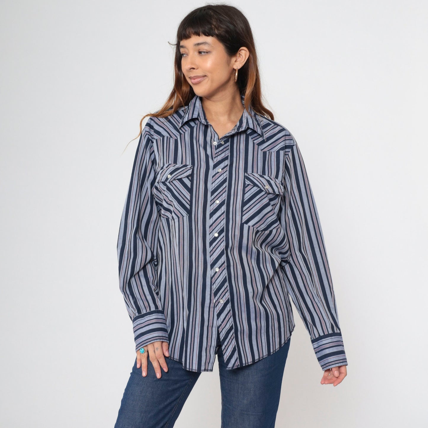 90s Wrangler Pearl Snap Western Shirt Striped Navy Red Long Sleeve Large