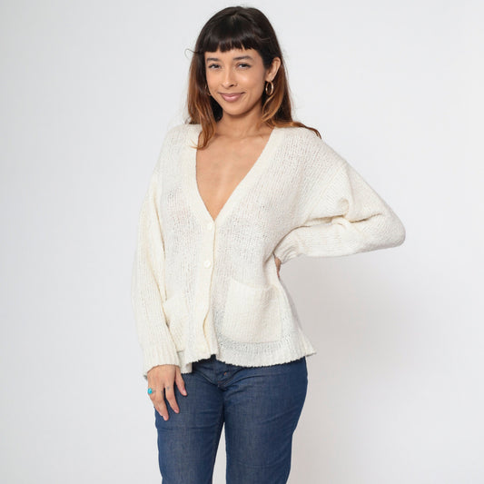 80s Off-White Cardigan Button-Up Knit Sweater V-Neck Pockets Medium