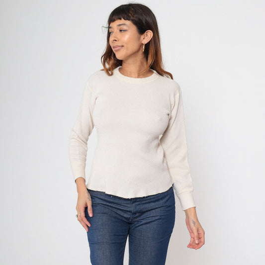 80s Cream Thermal Undershirt Long Sleeve Cotton Knit Medium M