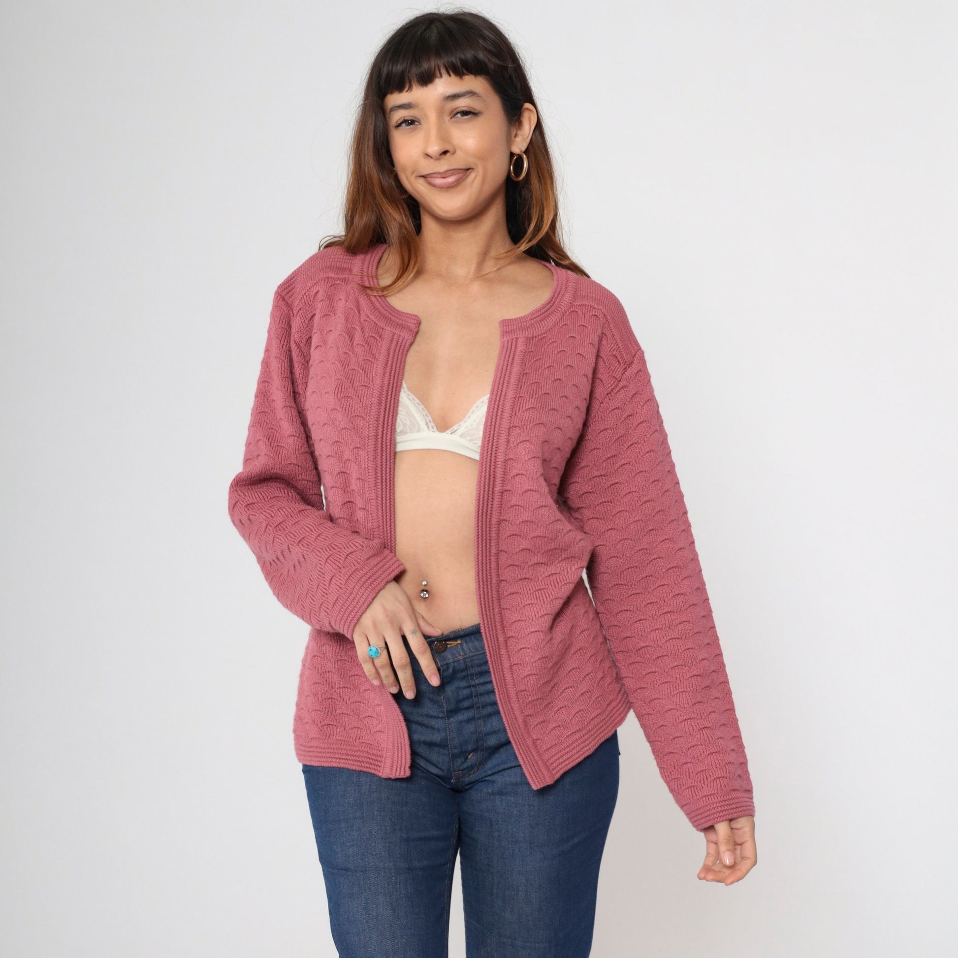 70s Pink Textured Knit Cardigan Open Front Long Sleeve Medium