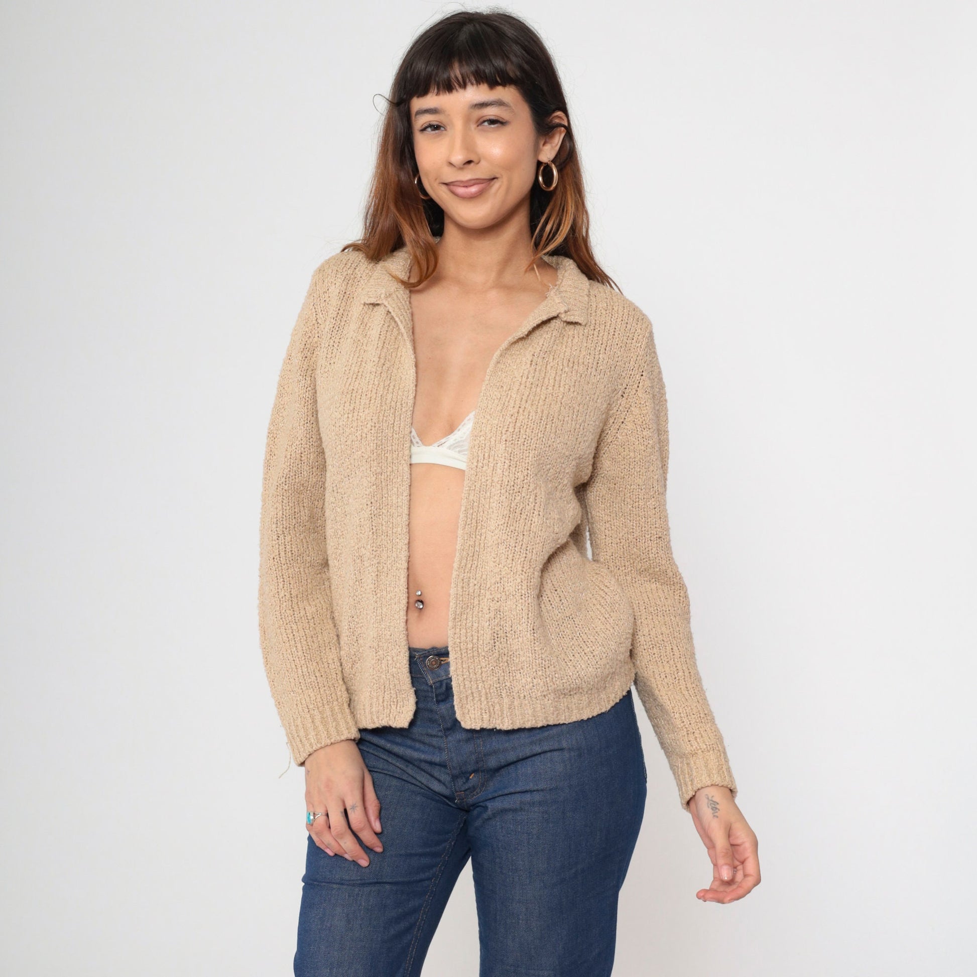 70s Tan Cardigan Open Front Wrap Sweater Medium