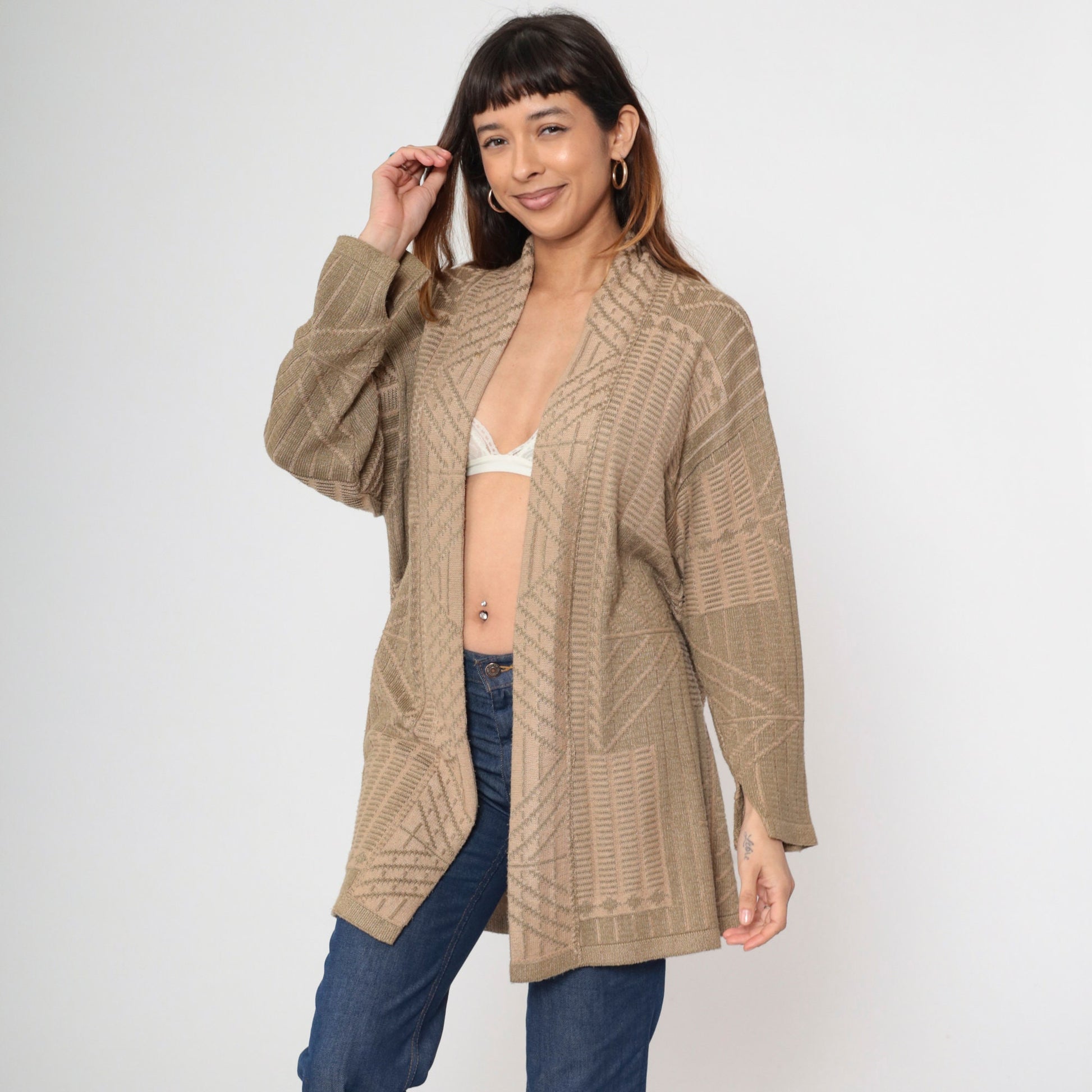 90s Tan Geometric Wrap Cardigan Sweater Medium