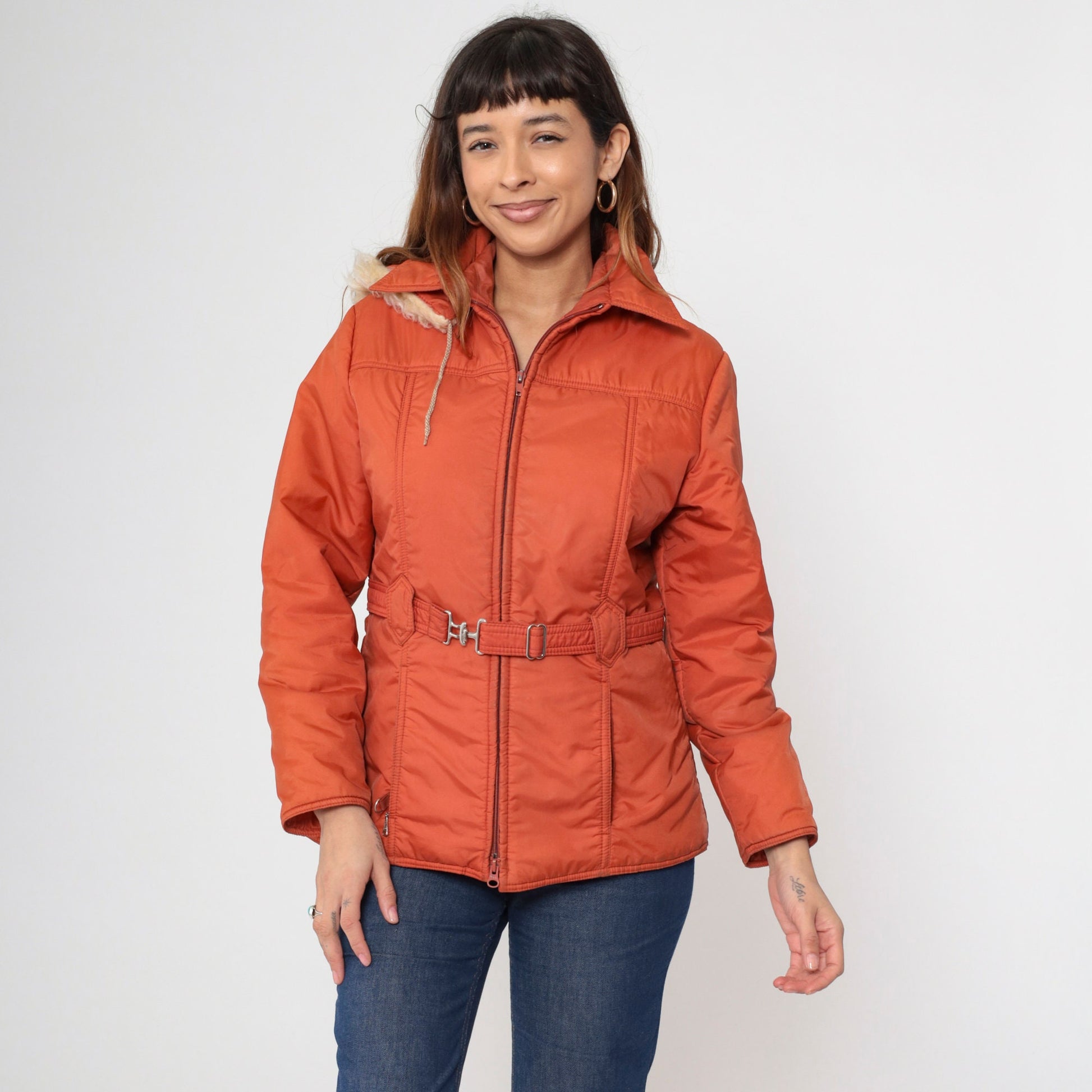 70s JC Penney Parka Jacket Burnt Orange Faux Fur Hood Zip Medium