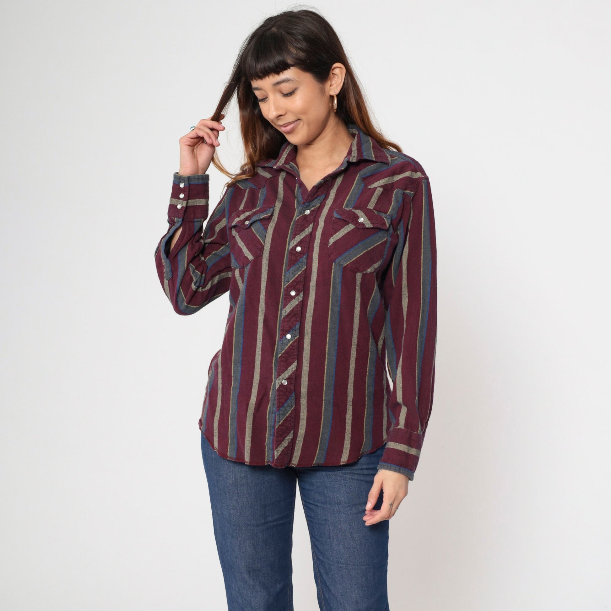 90s Wrangler Pearl Snap Western Shirt Burgundy Striped Medium
