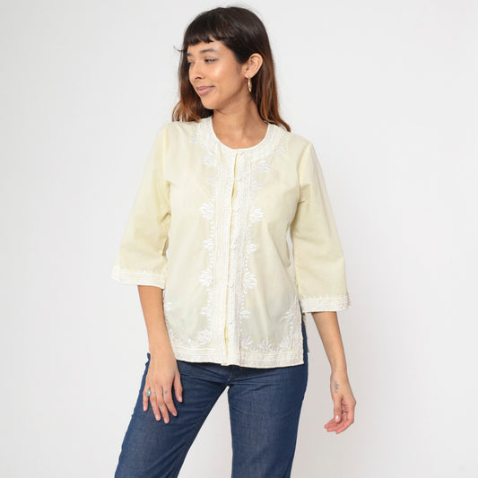 90s Yellow Floral Embroidered Button-Up Blouse 3/4 Sleeve Medium