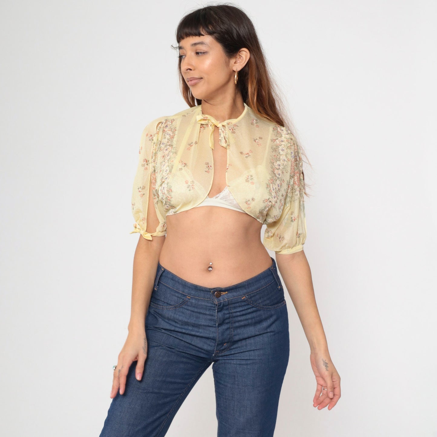 70s Yellow Floral Bolero Jacket Sheer Crop Open Front Tie Chest Small Medium