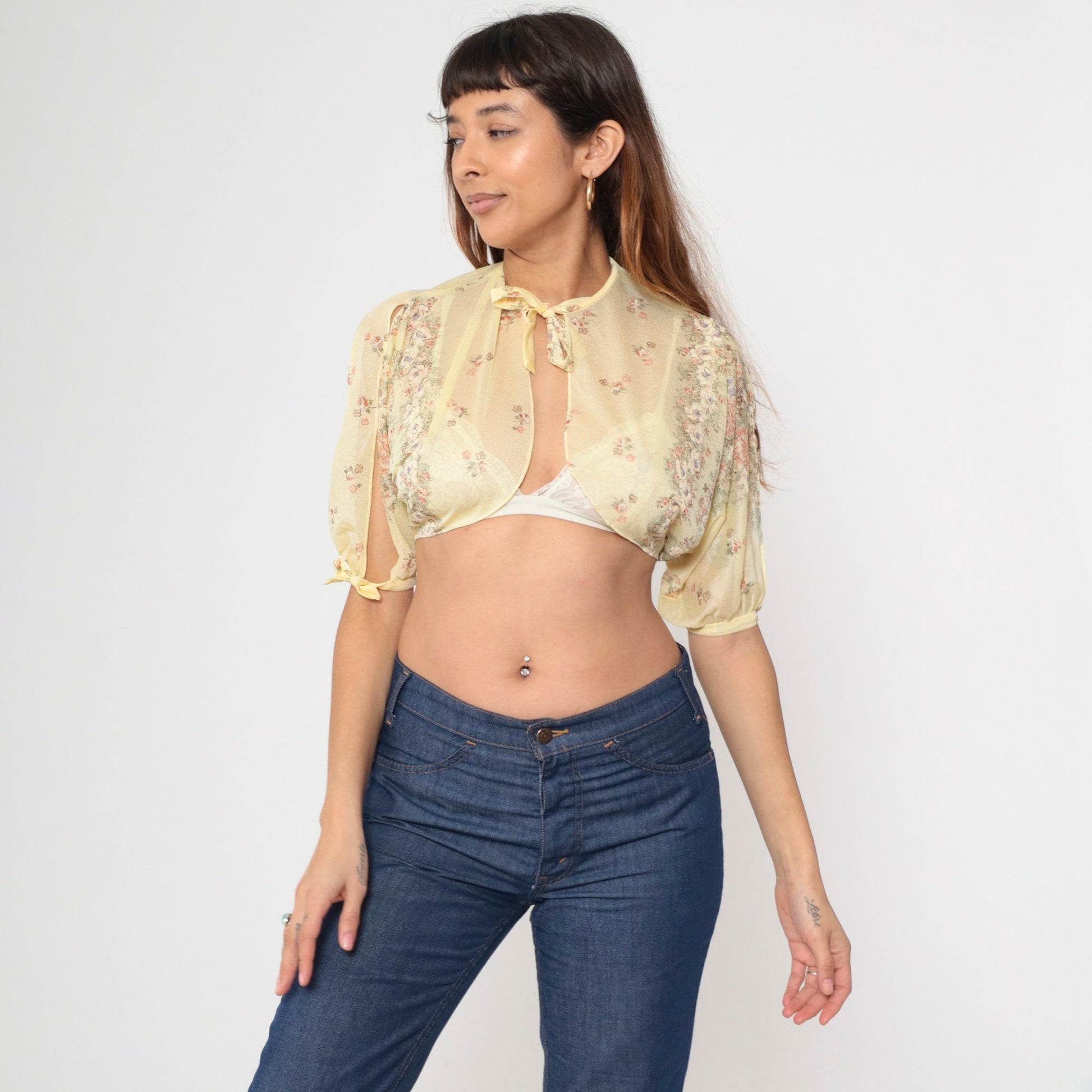 70s Yellow Floral Bolero Jacket Sheer Crop Open Front Tie Chest Small Medium