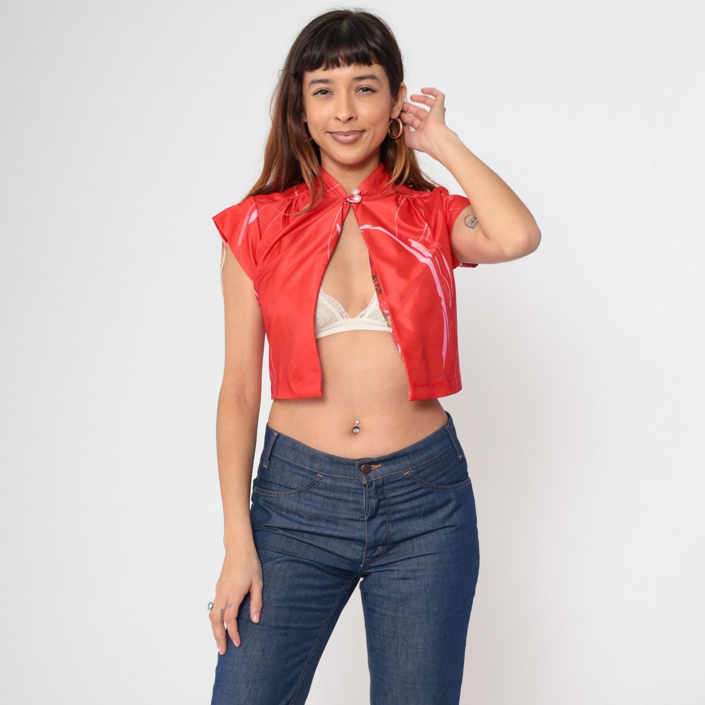 70s Red Floral Crop Top Mandarin Collar Pearl Button Shirt Small S