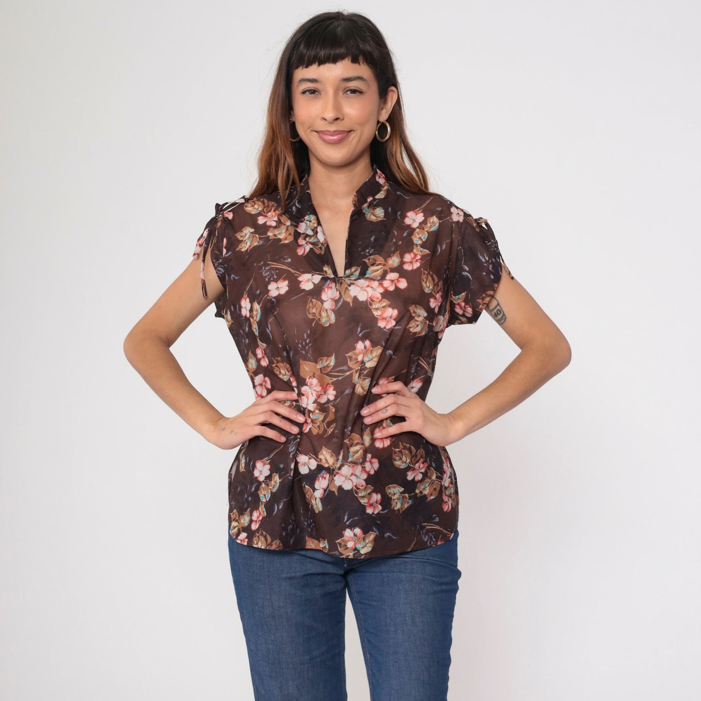 70s Sheer Floral Blouse Tie Sleeve V Neck Brown Pink Shirt Medium Large
