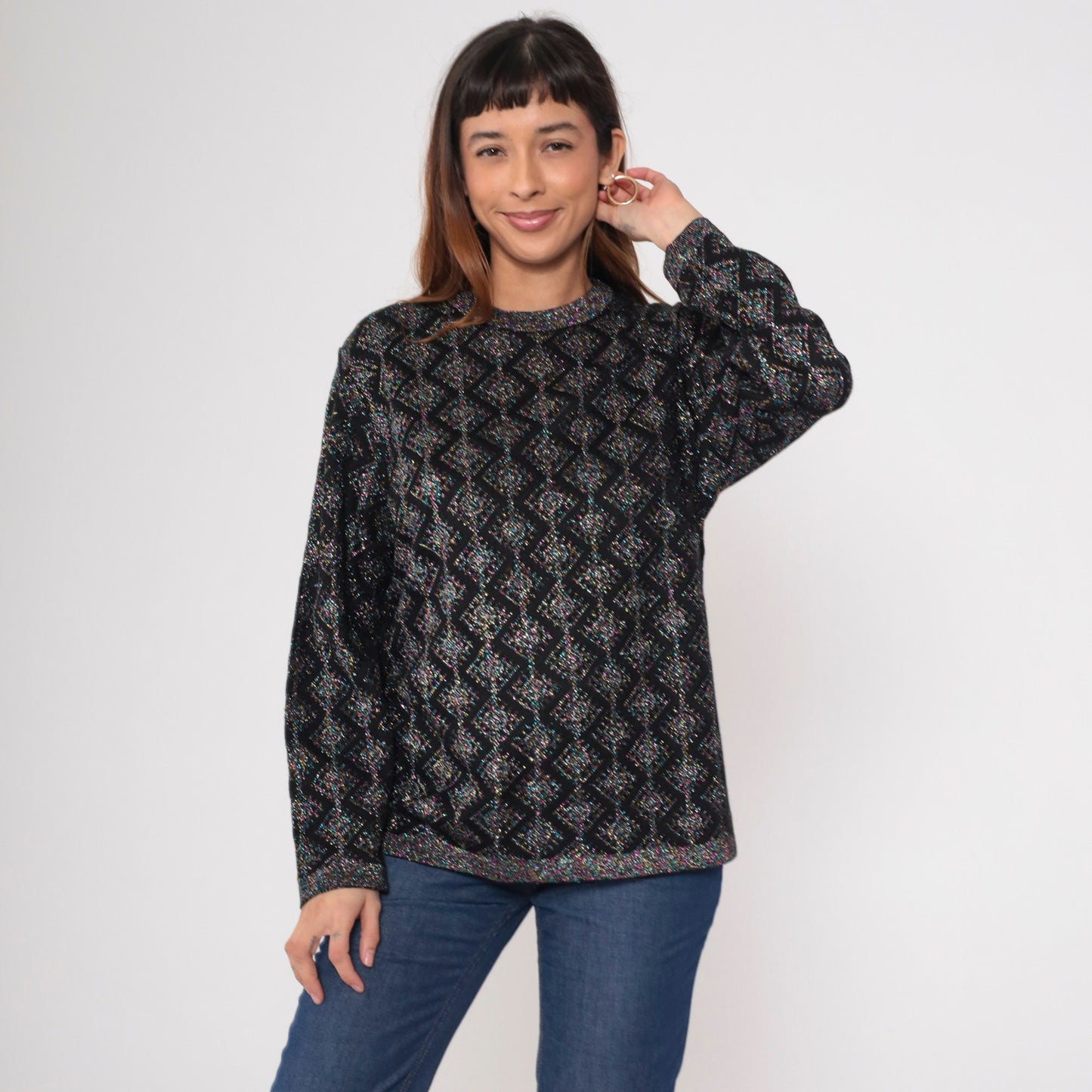 80s Metallic Geometric Sweater Black Pink Blue Lurex Knit Crewneck Medium