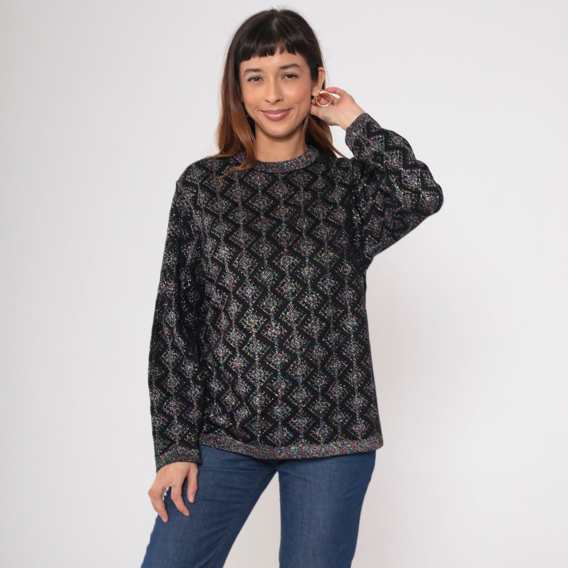 80s Metallic Geometric Sweater Black Pink Blue Lurex Knit Crewneck Medium