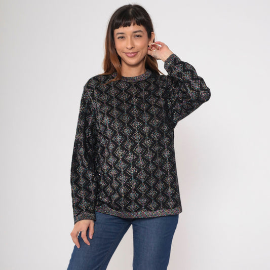 80s Metallic Geometric Sweater Black Pink Blue Lurex Knit Crewneck Medium