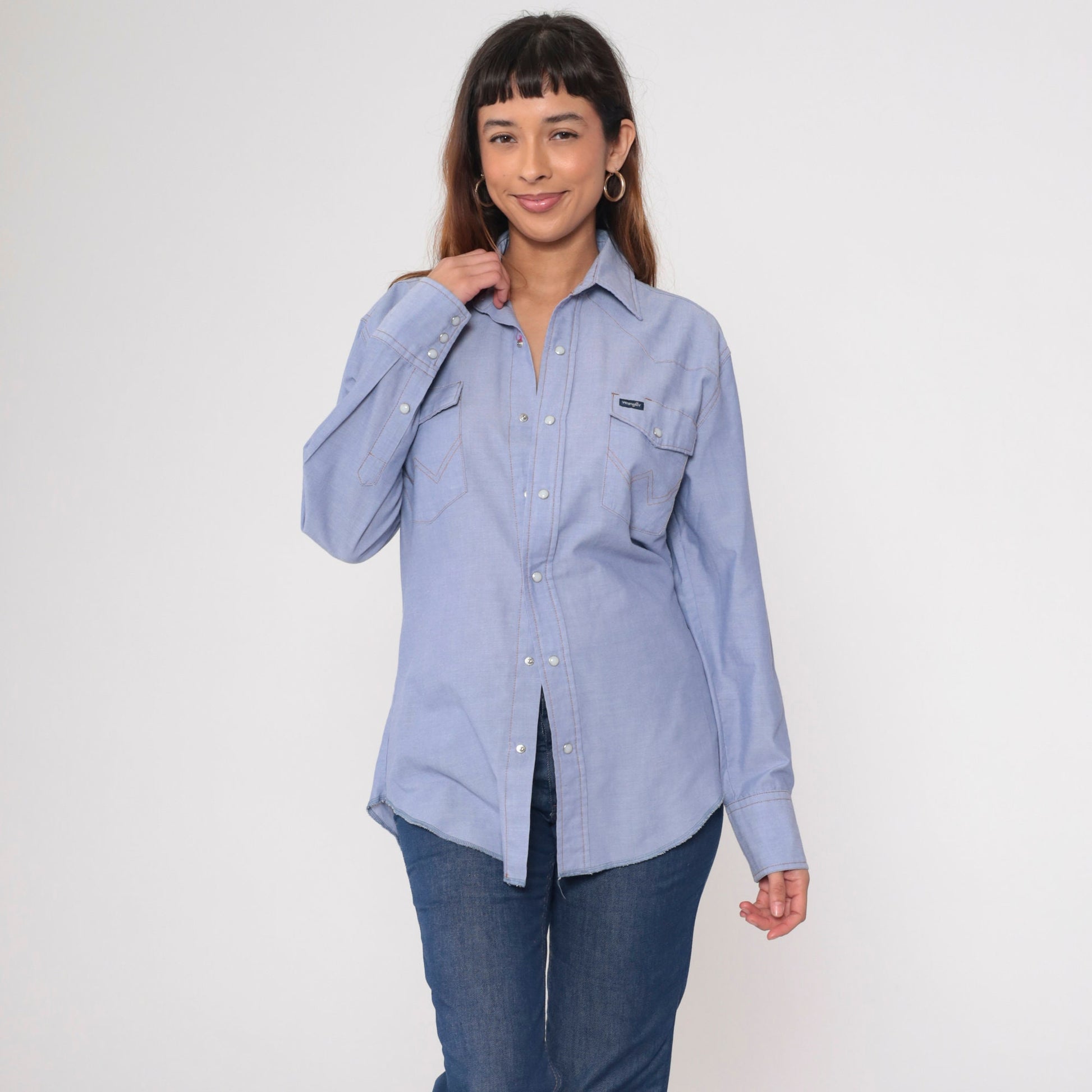 90s Wrangler Chambray Pearl Snap Shirt Blue Denim Long Sleeve Medium