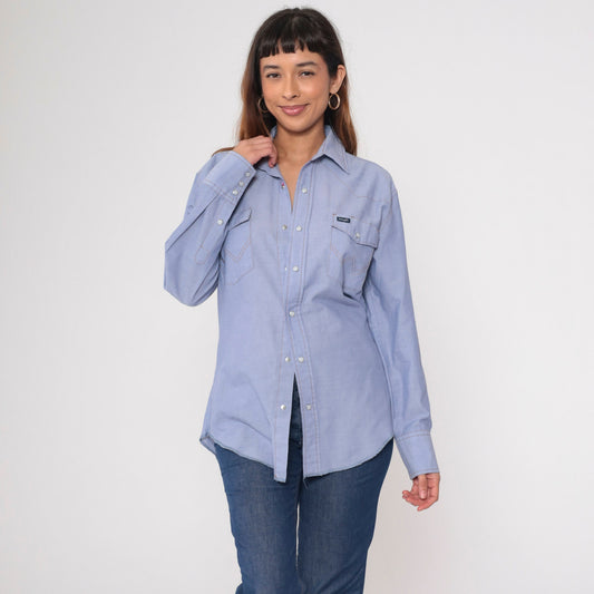 90s Wrangler Chambray Pearl Snap Shirt Blue Denim Long Sleeve Medium