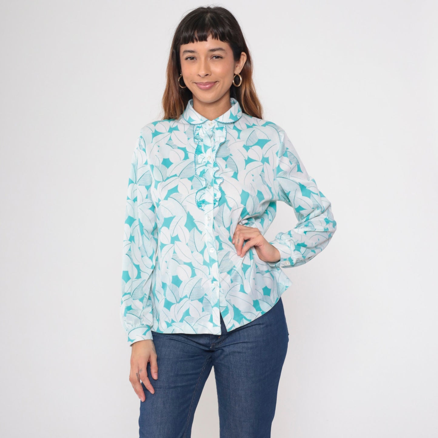 70s Leaf Print Ruffle Tuxedo Blouse Peter Pan Collar Long Sleeve White Blue Large