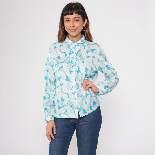 70s Leaf Print Ruffle Tuxedo Blouse Peter Pan Collar Long Sleeve White Blue Large