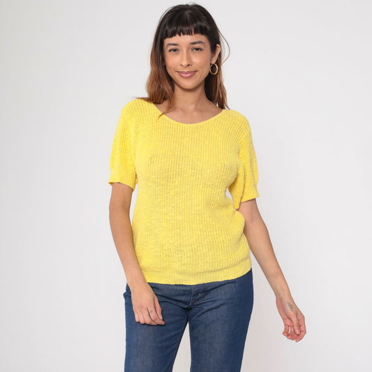 80s Jaguar Yellow Knit Short Sleeve Crewneck Pullover Small S