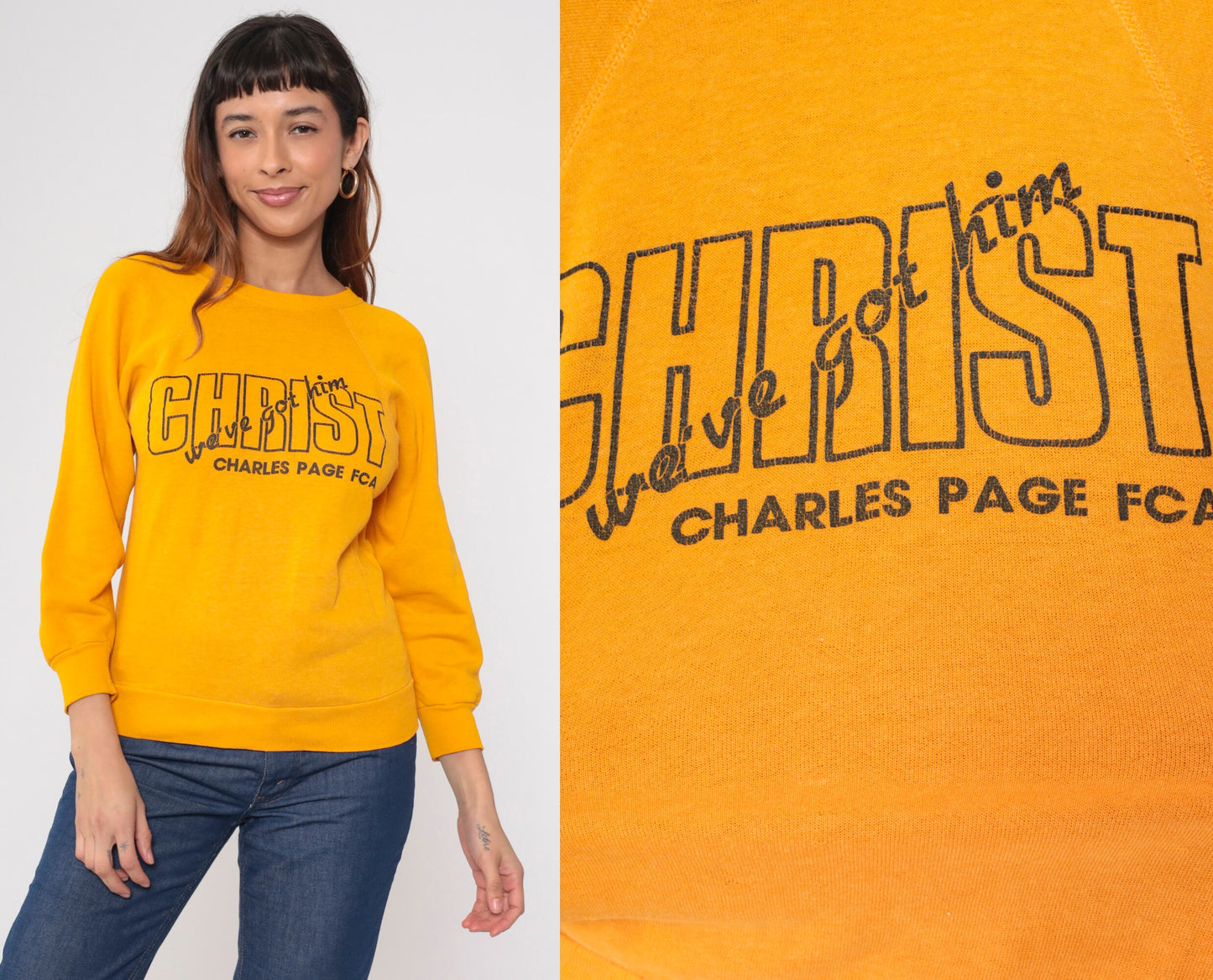 80s Christian FCA Sweatshirt 'Christ We've Got Him' Yellow Raglan Extra Small