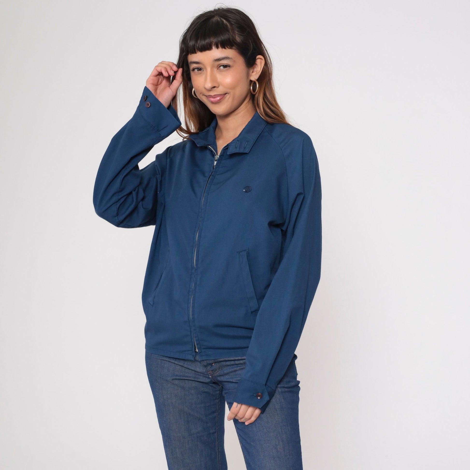 80s Navy Windbreaker Jacket Embroidered Crest Raglan Zip Medium
