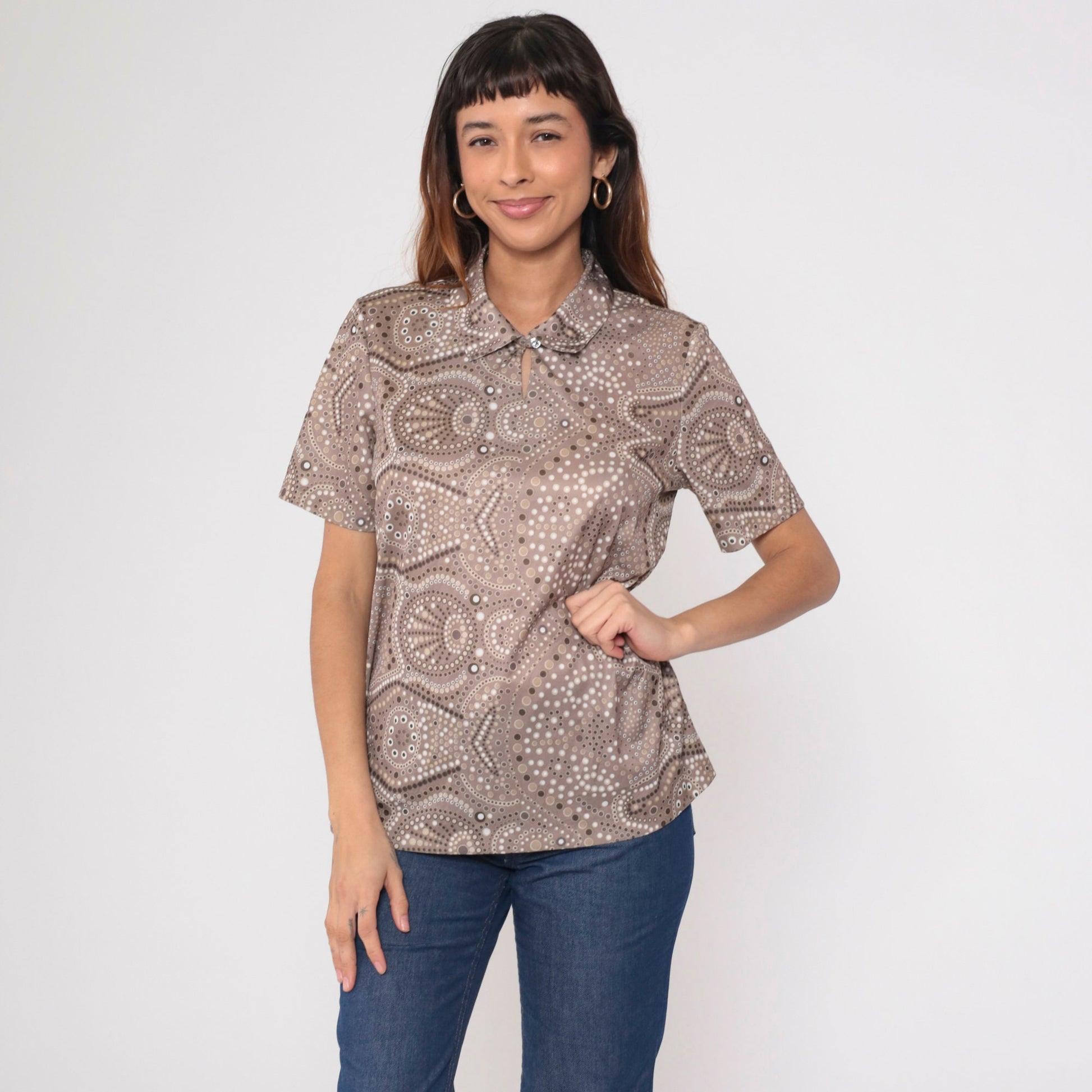 90s Blair Taupe Geometric Dot Blouse Keyhole Neck Short Sleeve Medium M