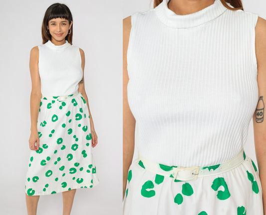 80s White Green Dot Midi Dress Mock Neck High Waist Belted Small
