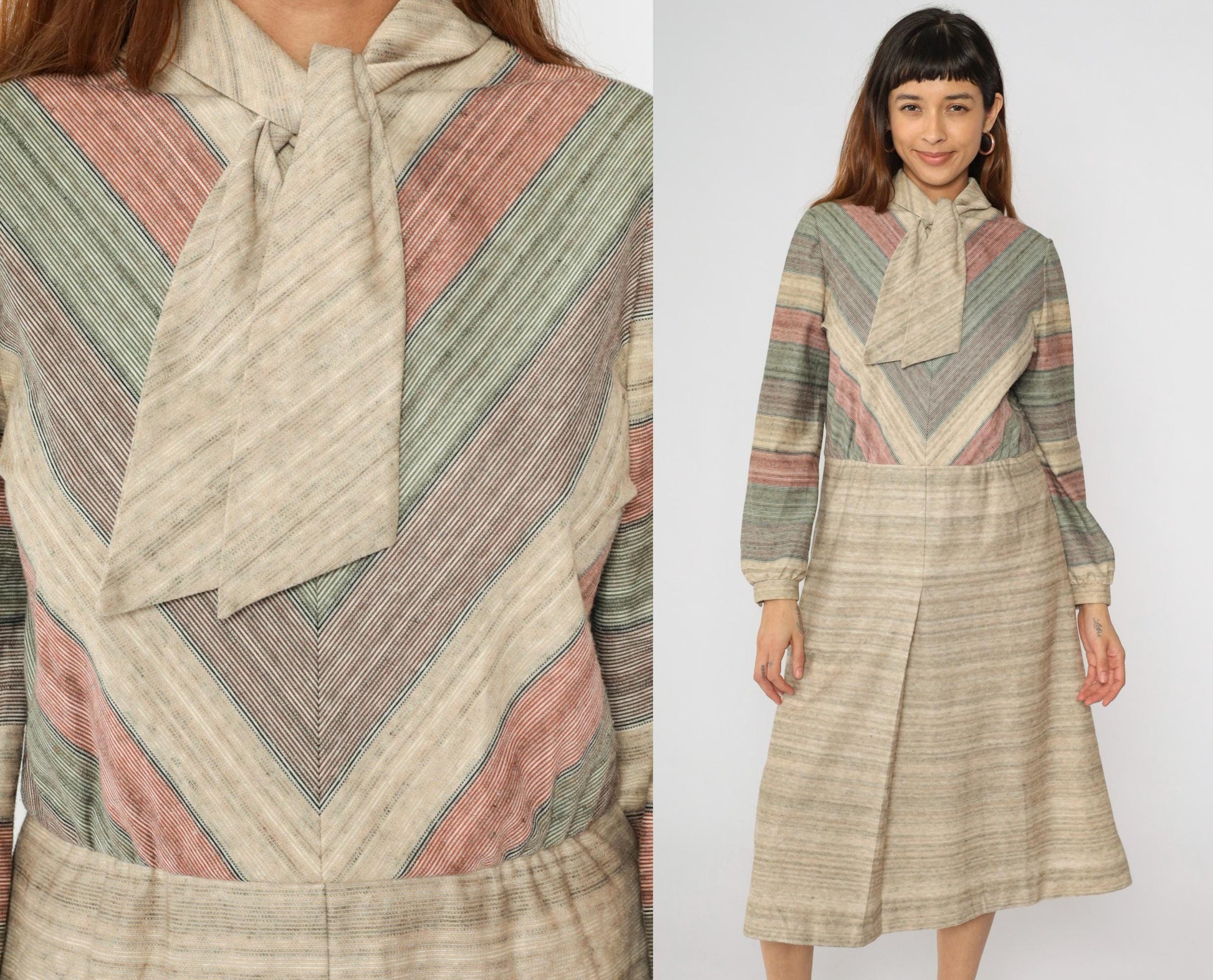 70s Kay Windsor Chevron Stripe Midi Dress Taupe Ascot Long Sleeve Medium Large