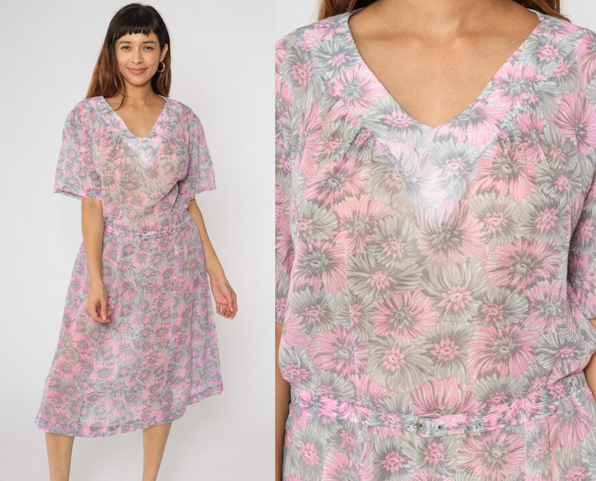 60s Floral Shift Dress Pink Grey Flower Print Midi V-Neck Short Sleeve Extra Large