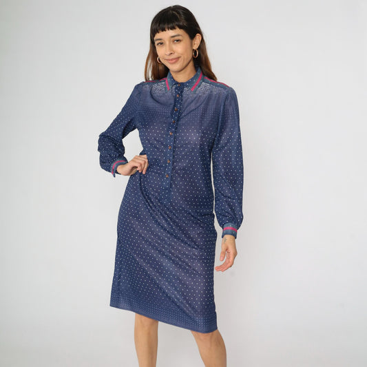 70s Dark Blue Polka Dot Shirtdress Midi Puff Sleeve Collared Button-Up Medium