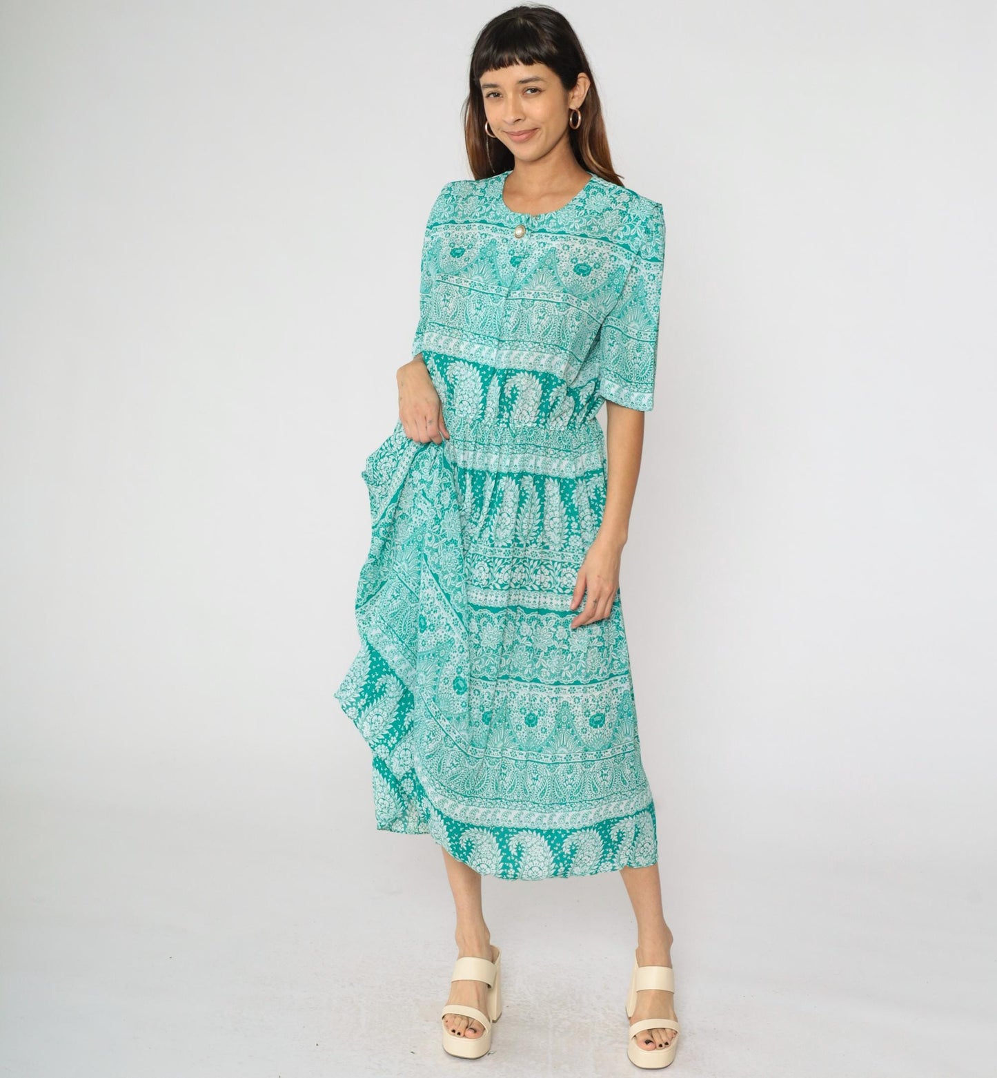 80s Green Paisley Midi Shirtwaist Dress High Waisted Pleated Short Sleeve Large L