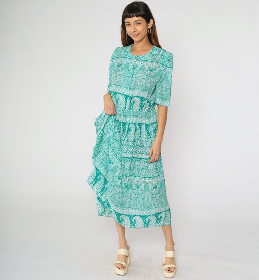 80s Green Paisley Midi Shirtwaist Dress High Waisted Pleated Short Sleeve Large L