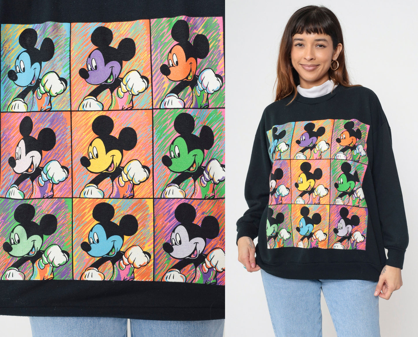 90s Mickey Mouse Turtleneck Sweatshirt Black Disney Embroidered Large