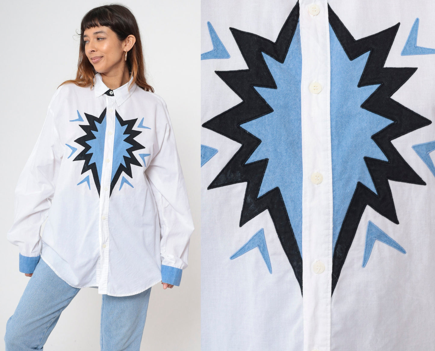 Y2K Southwestern Graphic Western Button-Up Shirt White Cotton Extra Large XXL