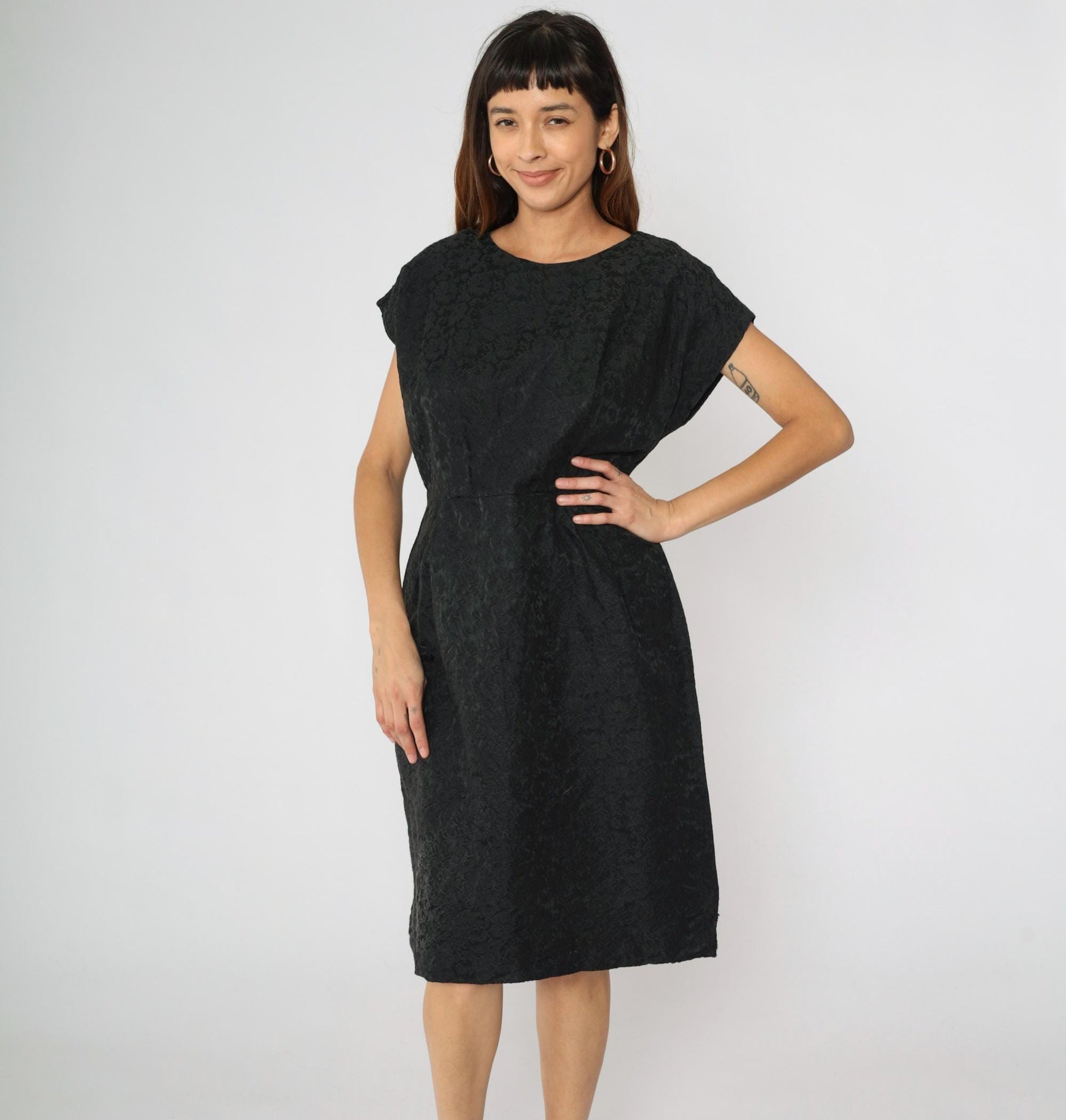 60s Black Brocade Sheath Dress Floral Cap Sleeve Midi Large L