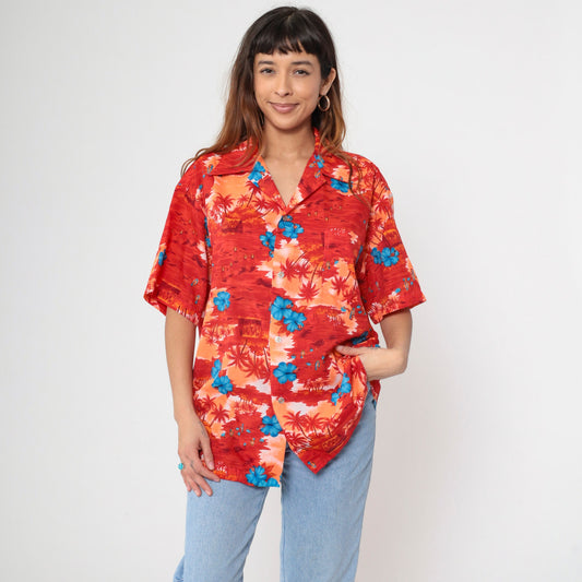 70s Hawaiian Shirt Tropical Floral Hula Dancer Palm Print Button Up Extra Large