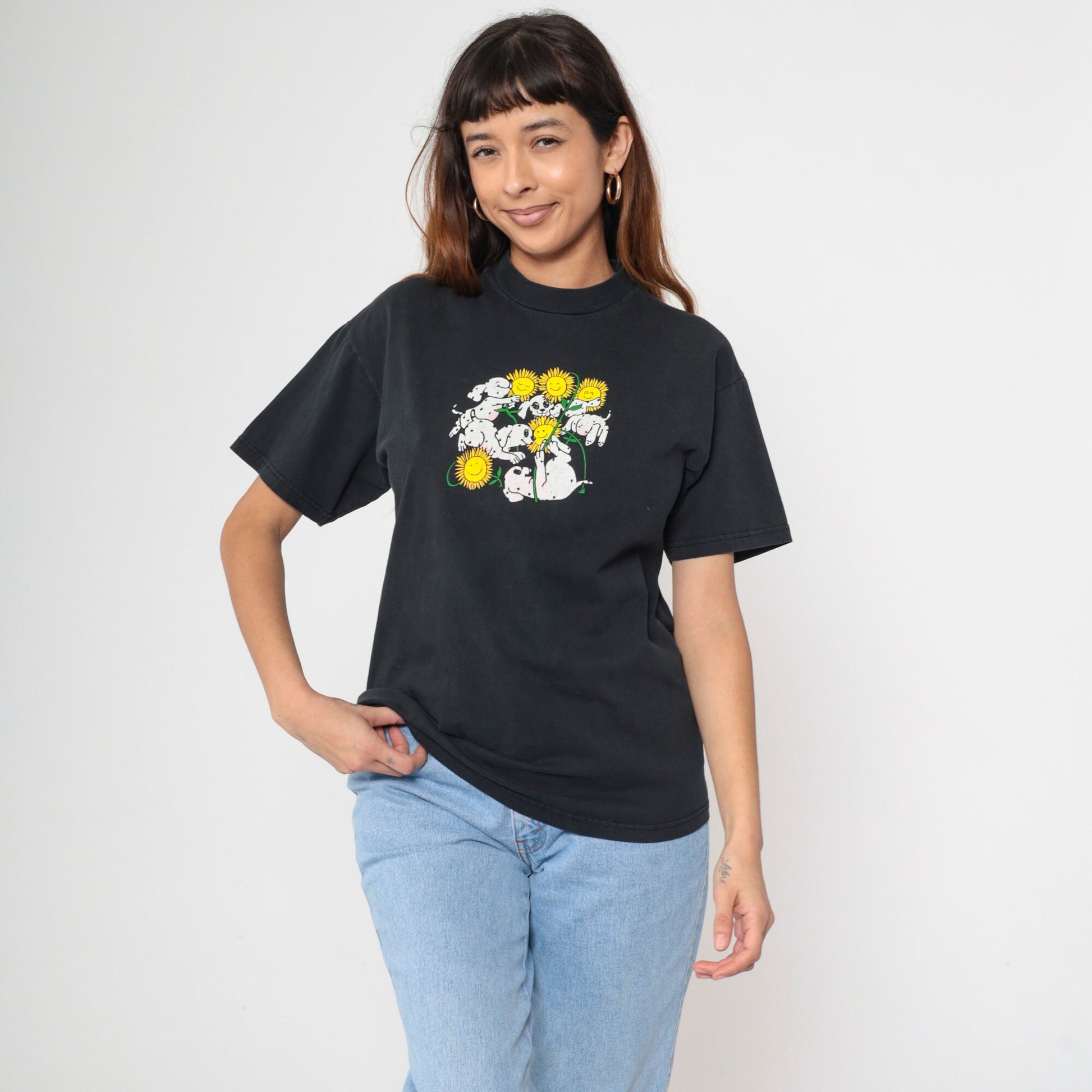 90s Dalmatian Puppy Sunflower Graphic T-Shirt Black Cotton Tee Medium