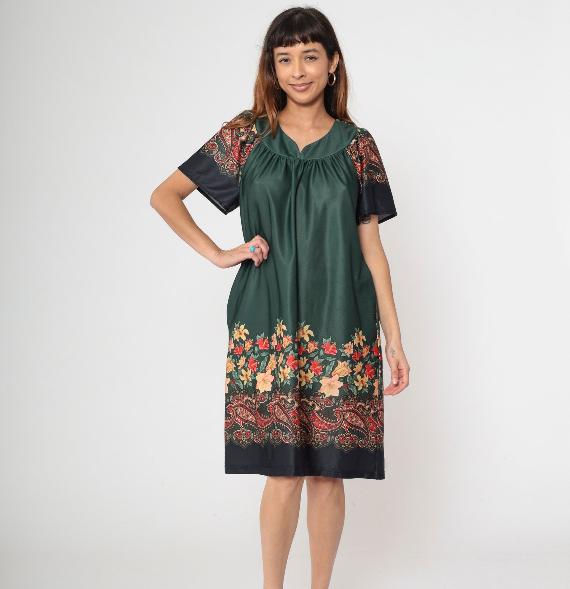 70s Dark Green Floral Paisley Tent Dress Midi Pockets Short Sleeve Extra Large