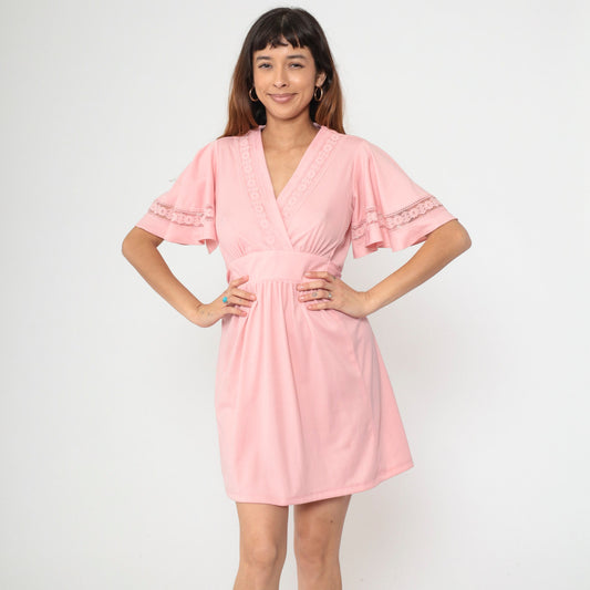 70s Pink Babydoll Dress Flutter Sleeve Empire Waist Mini V-Neck Small Medium