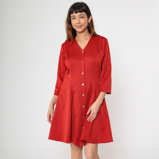 80s Red Button-Up Shirtdress V-Neck Princess Seam Flare Large