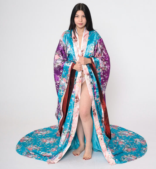 Vintage Floral Silk Kimono Robe Turquoise Purple Long Train Open Front