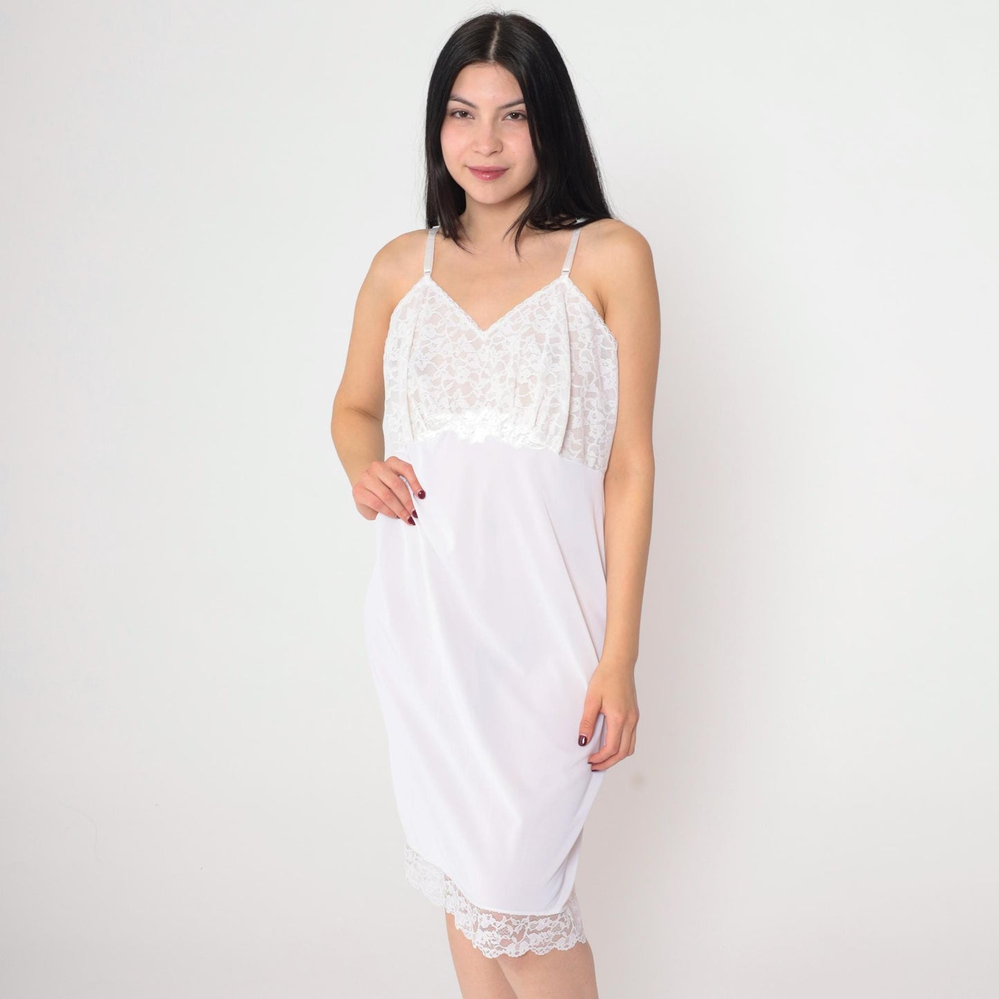 70s White Lace Slip Dress Midi V-Neck Spaghetti Strap Nightgown Medium