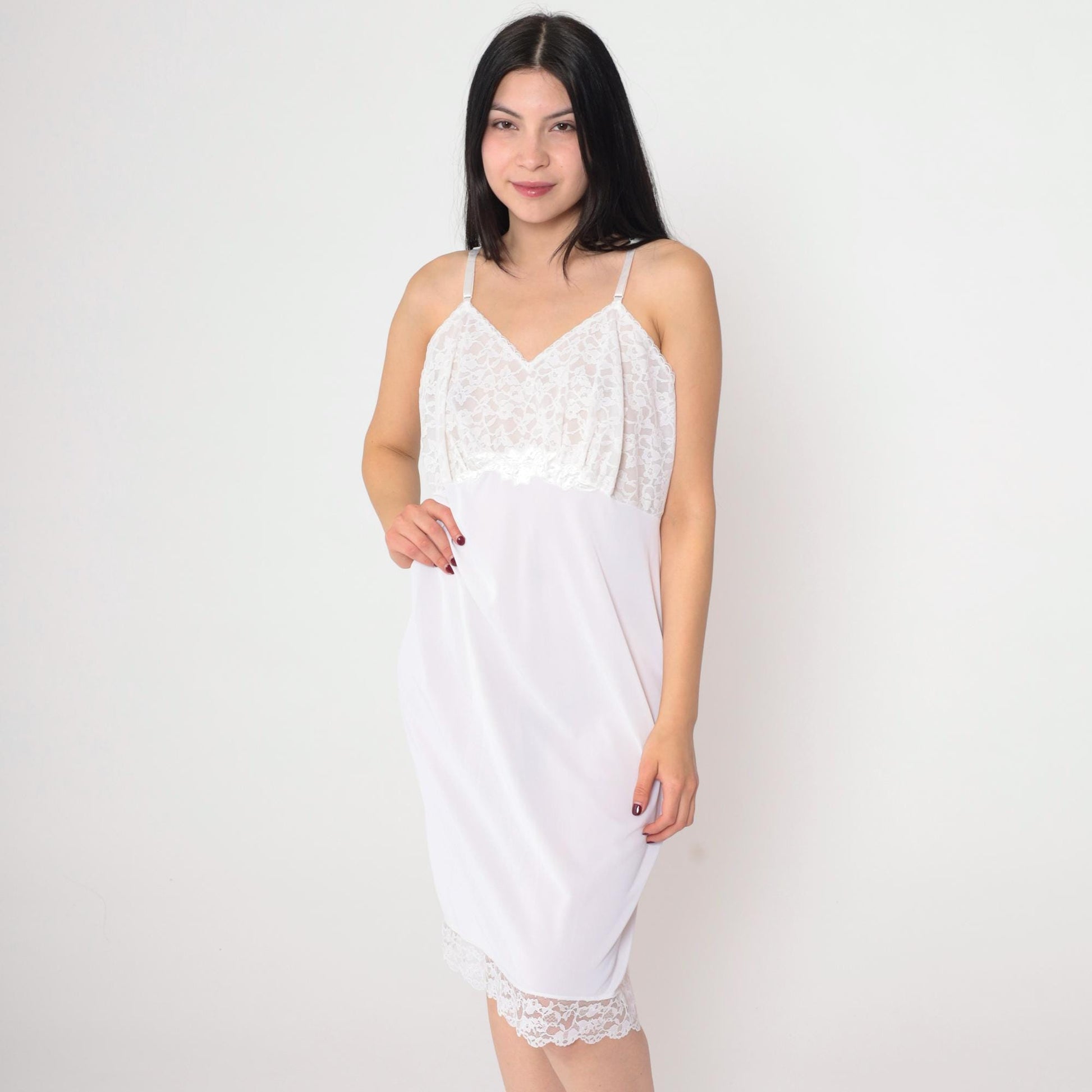 70s White Lace Slip Dress Midi V-Neck Spaghetti Strap Nightgown Medium
