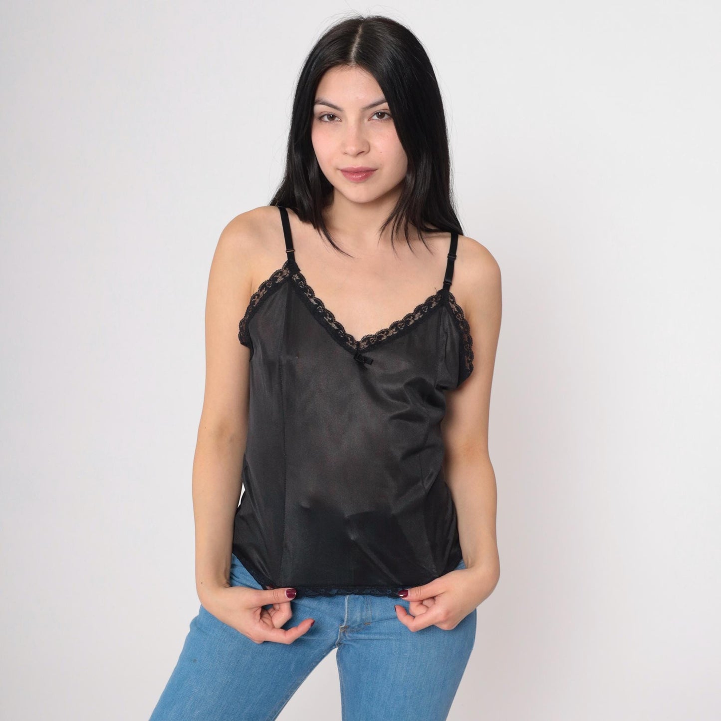 90s Black Camisole Lace Trim V-Neck Nylon Cami Top Small