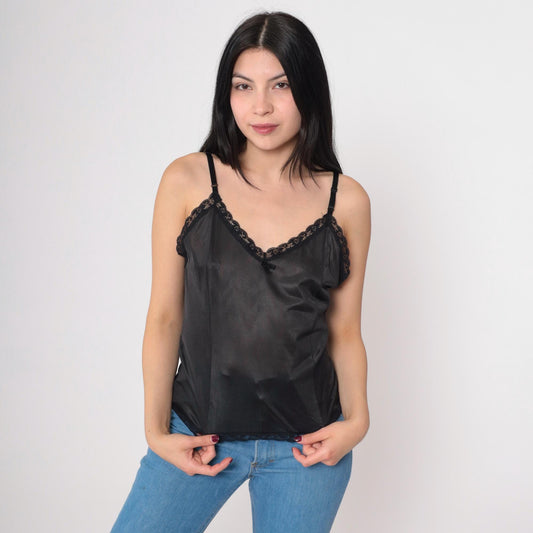 90s Black Camisole Lace Trim V-Neck Nylon Cami Top Small